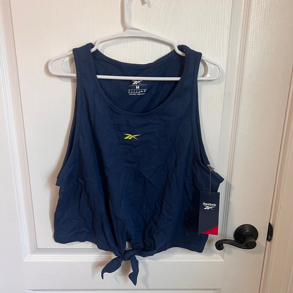 Reebok Womens Navy Blue Front Tie Crop Tank Top Sleeveless Logo Size M NEW